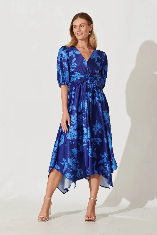 Bloomin Midi Dress In Blue Floral Print