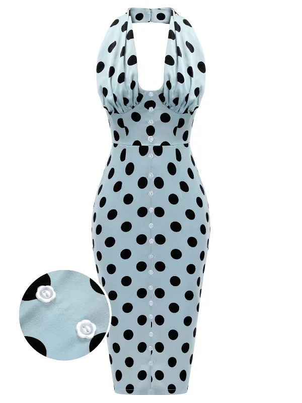 Blue 1960s Polks Dots Pencil Dress