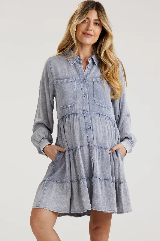 blue-button-down-tiered-long-sleeve-maternity-dress