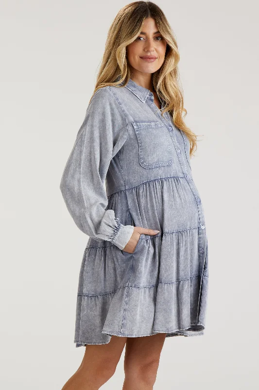 blue-button-down-tiered-long-sleeve-maternity-dress