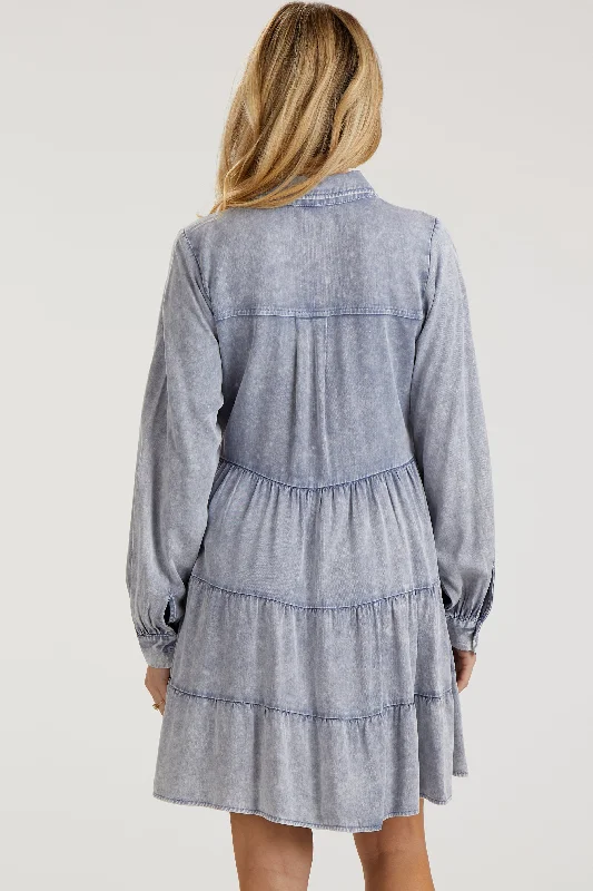 blue-button-down-tiered-long-sleeve-maternity-dress