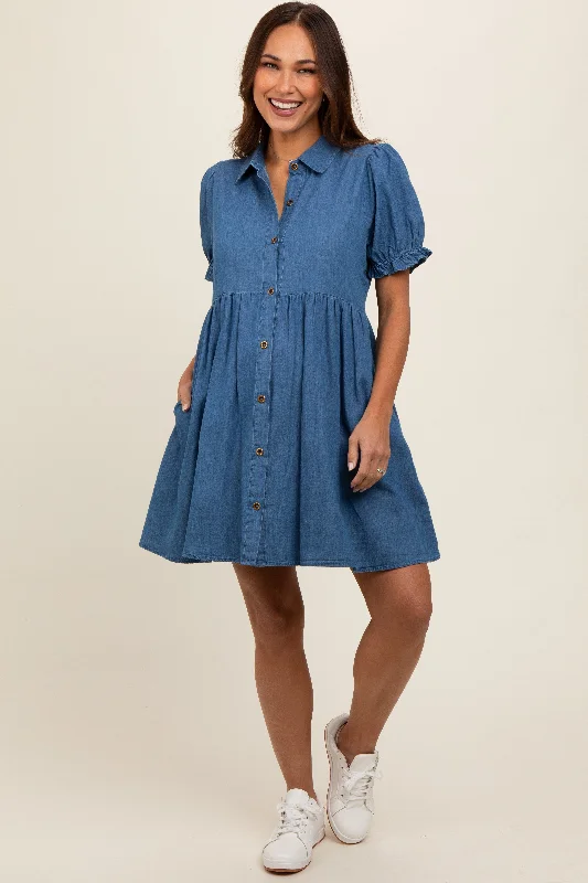 blue-chambray-puff-sleeve-button-down-maternity-dress