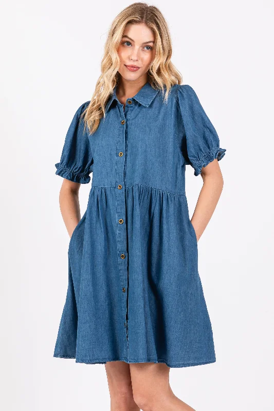 blue-chambray-puff-sleeve-button-down-maternity-dress