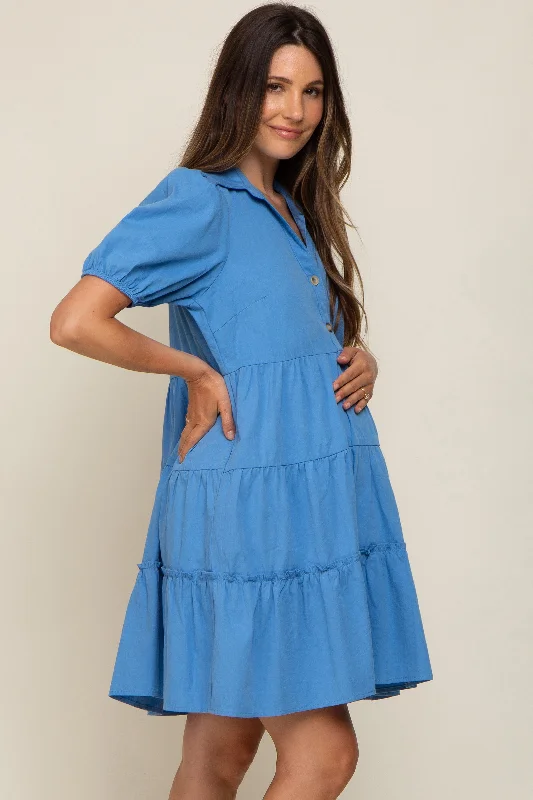 blue-collared-tiered-maternity-dress