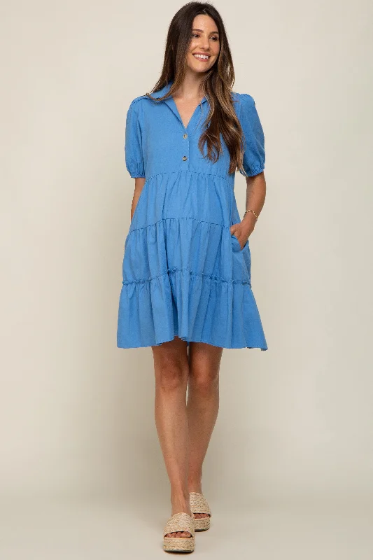 blue-collared-tiered-maternity-dress