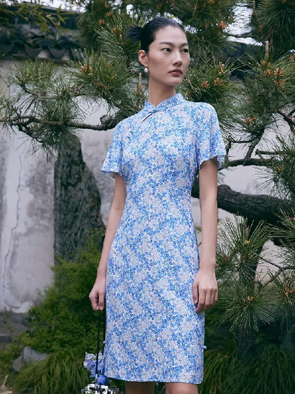 Blue Floral Cheongsam Qipao Mini Dress