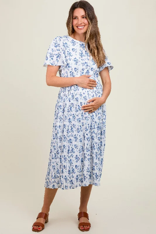 blue-floral-peated-maternity-midi-dress