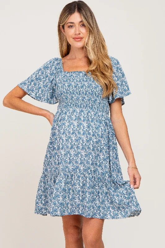 Blue Floral Print Smocked Maternity Dress