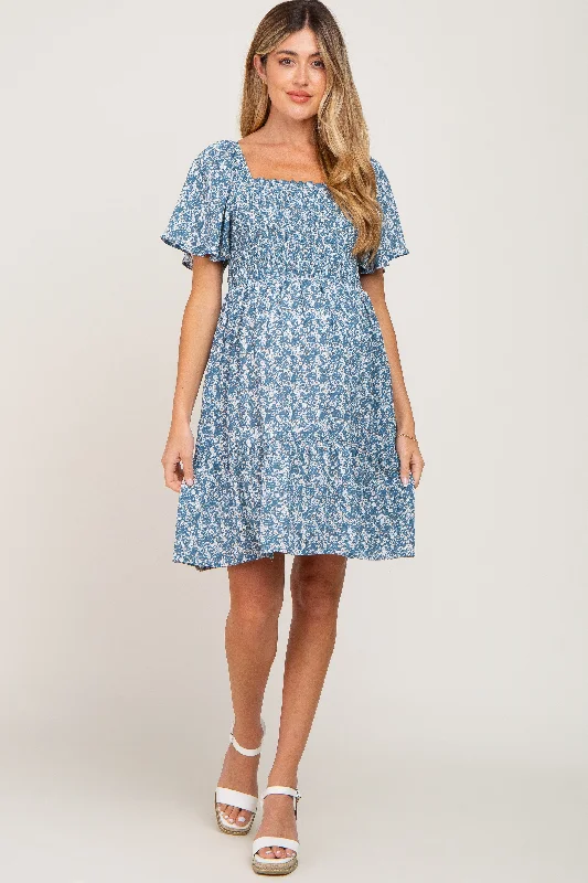 blue-floral-print-smocked-maternity-dress