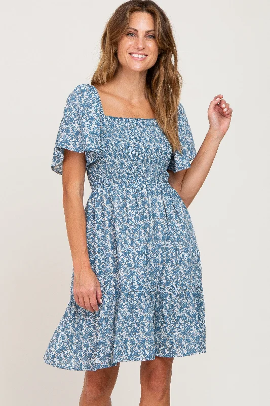 blue-floral-print-smocked-maternity-dress