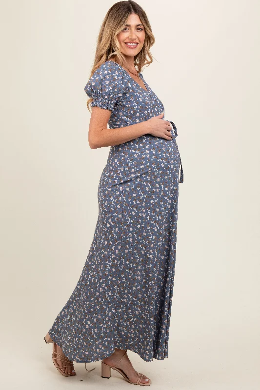 blue-floral-puff-sleeve-v-neck-maternity-maxi-dress