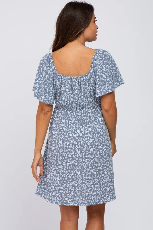 blue-floral-short-sleeve-maternity-dress