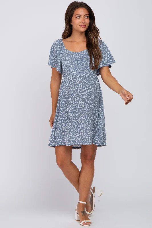 blue-floral-short-sleeve-maternity-dress