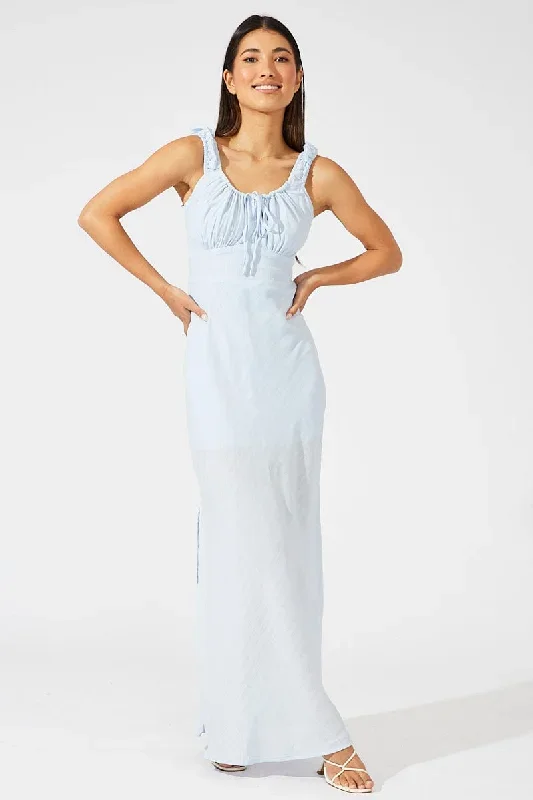 Blue Maxi Dress Short Sleeve Ruched Bust