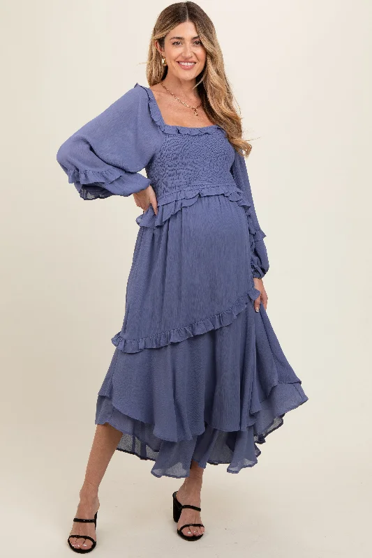 Blue Smocked Ruffle Long Sleeve Maternity Midi Dress