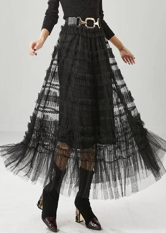 Bohemian Black Ruffled Tulle Vacation Skirts Fall