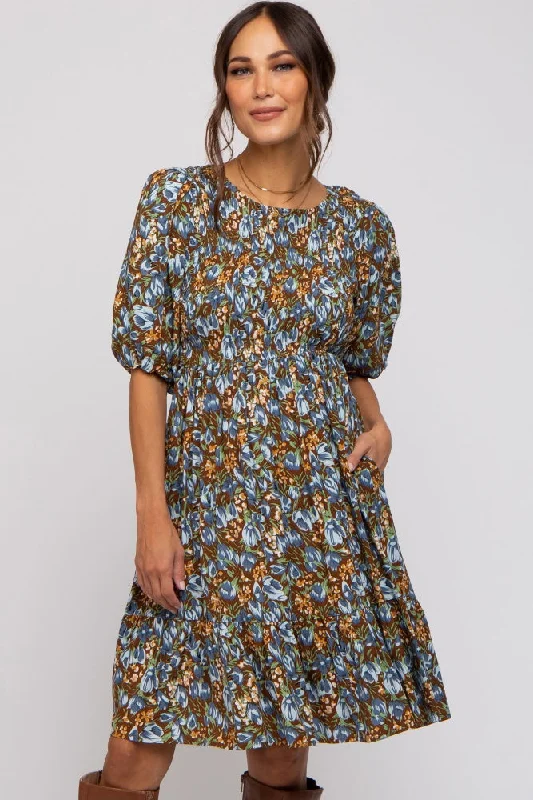 Brown Floral Smocked Puff Sleeve Maternity Dress