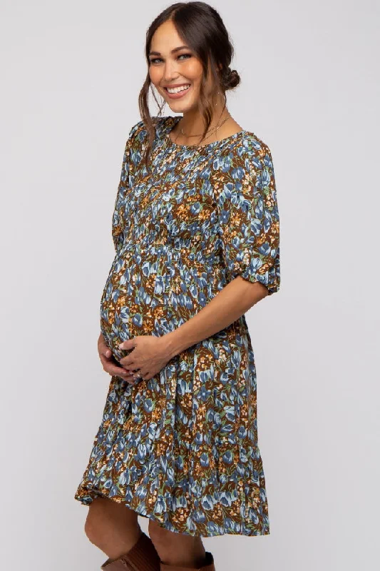 brown-floral-smocked-puff-sleeve-maternity-dress