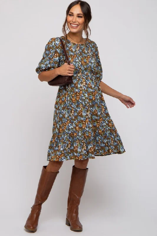 brown-floral-smocked-puff-sleeve-maternity-dress