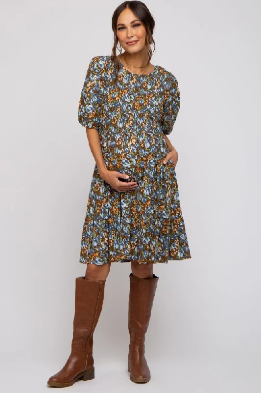 brown-floral-smocked-puff-sleeve-maternity-dress