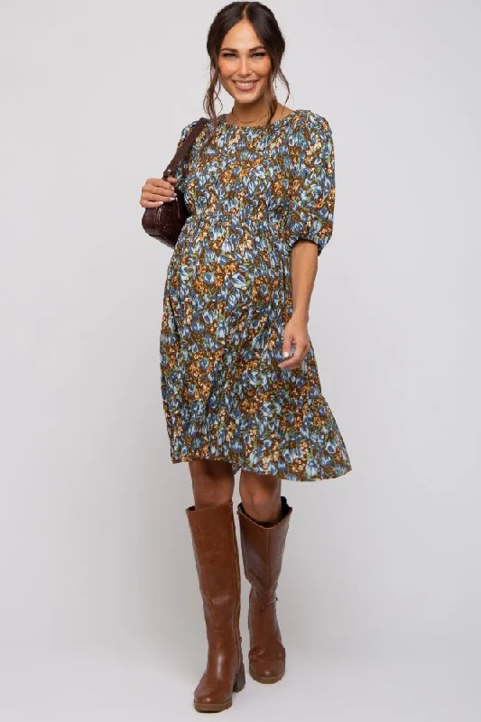 brown-floral-smocked-puff-sleeve-maternity-dress