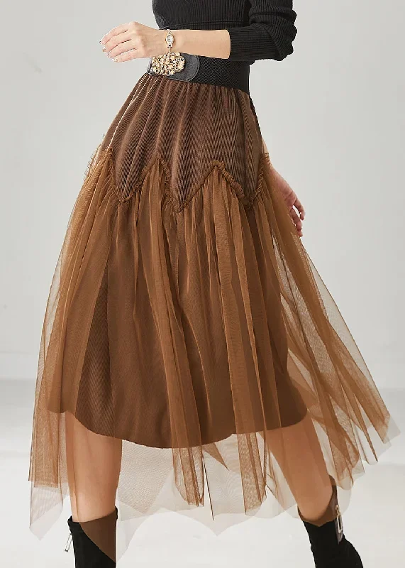 Brown Patchwork Tulle Corduroy Skirt Elastic Waist Spring