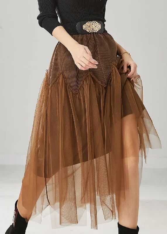 brown-patchwork-tulle-corduroy-skirt-elastic-waist-spring