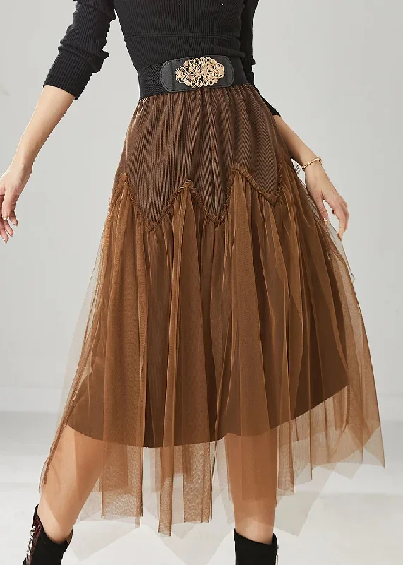 brown-patchwork-tulle-corduroy-skirt-elastic-waist-spring