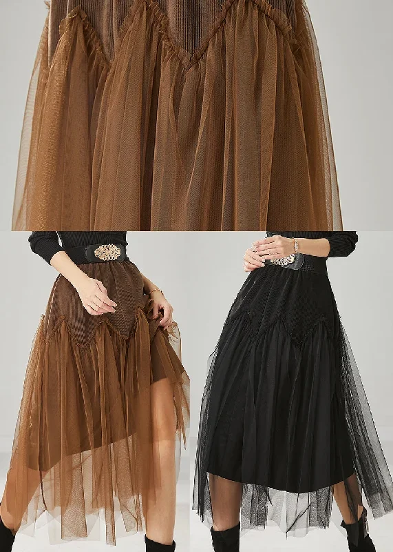 brown-patchwork-tulle-corduroy-skirt-elastic-waist-spring