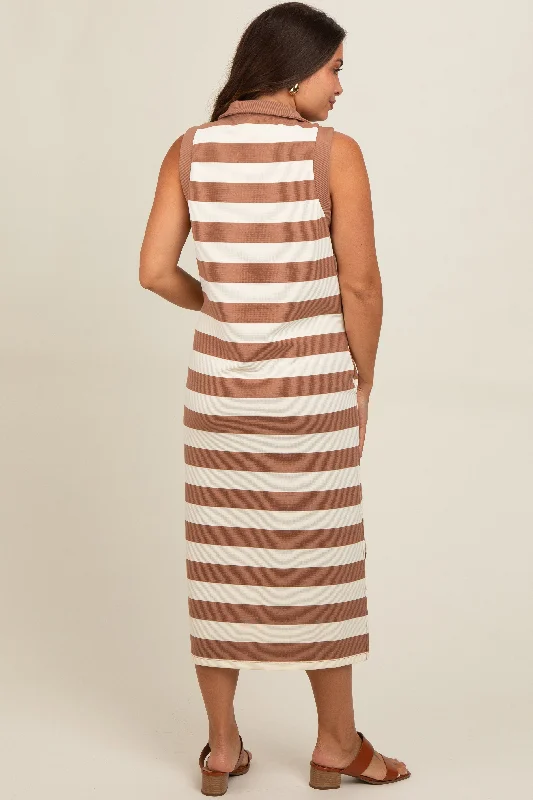 brown-striped-polo-maternity-midi-dress