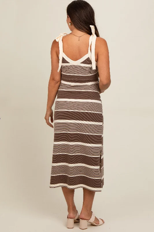 brown-striped-shoulder-tie-side-slit-maternity-midi-dress