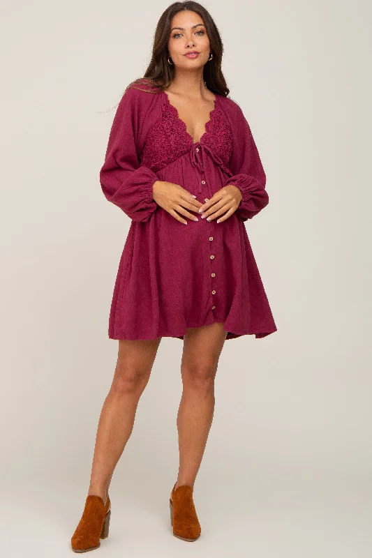 burgundy-crochet-lace-button-front-maternity-dress