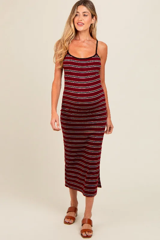 burgundy-striped-ribbed-side-slit-maternity-midi-dress