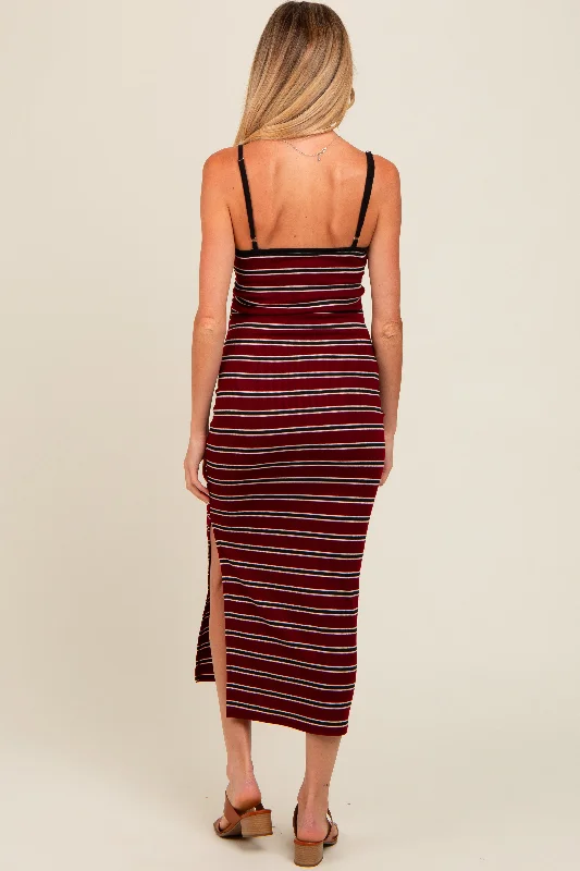 burgundy-striped-ribbed-side-slit-maternity-midi-dress