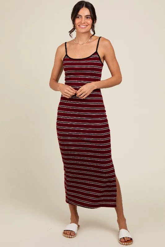 burgundy-striped-ribbed-side-slit-maternity-midi-dress