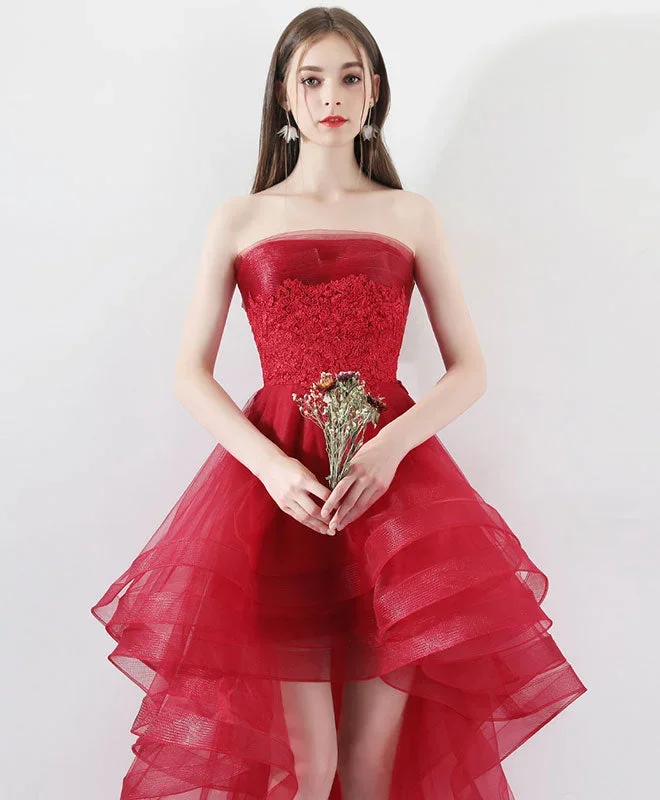 Burgundy Tulle Lace High Low Prom Dresses, Burgundy Tulle Homecoming Dress