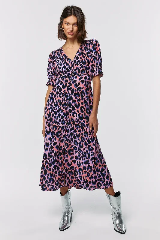 Pink with Blue and Black Shadow Leopard Flute Sleeve Midi Tea Dress