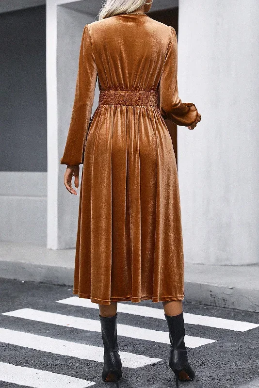 camel-wrap-v-neck-smocked-high-waist-long-sleeve-velvet-midi-dress