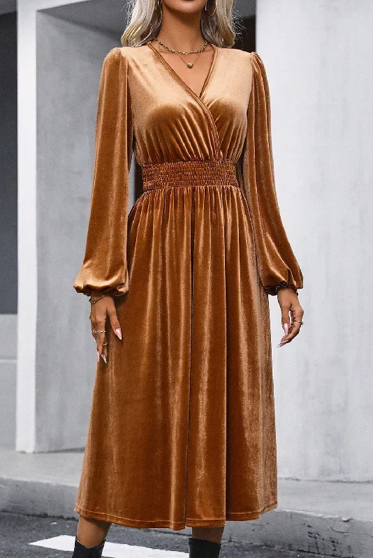 camel-wrap-v-neck-smocked-high-waist-long-sleeve-velvet-midi-dress