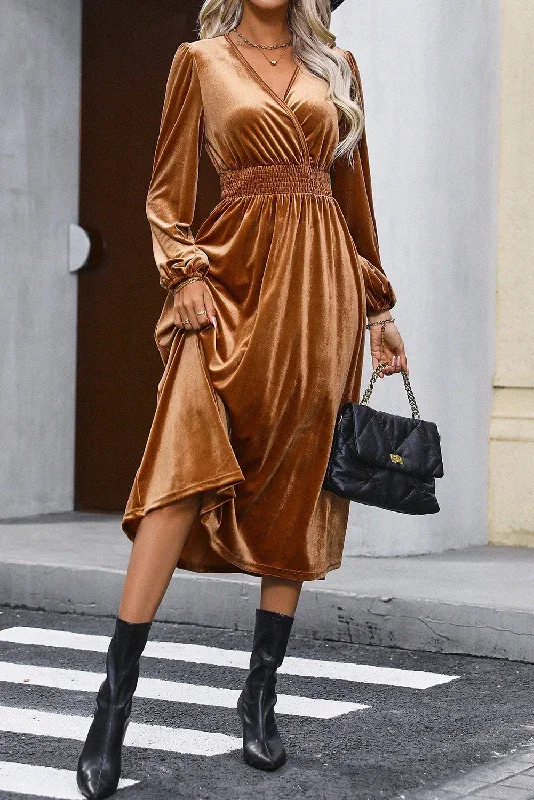 camel-wrap-v-neck-smocked-high-waist-long-sleeve-velvet-midi-dress