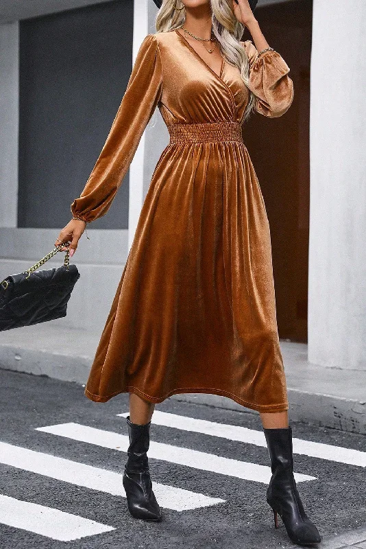 camel-wrap-v-neck-smocked-high-waist-long-sleeve-velvet-midi-dress