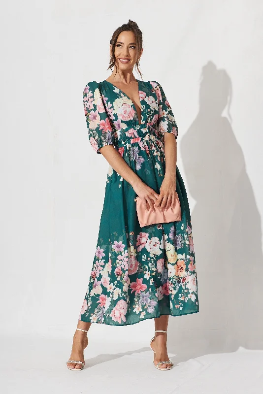 Camille Maxi Dress In Teal With Orange Floral