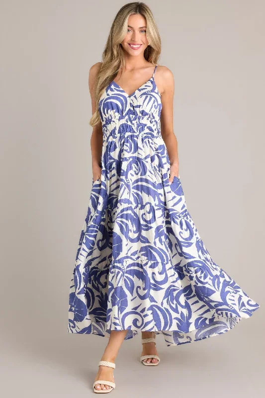 Caribbean Dream Blue Tropical Print Maxi Dress