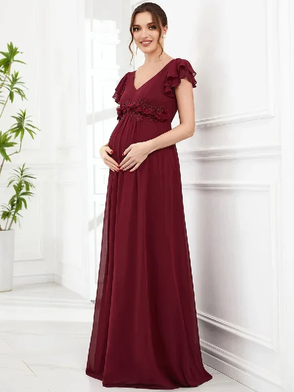 Chiffon Ruffled Short Sleeve Corsage A-Line Maternity Dress