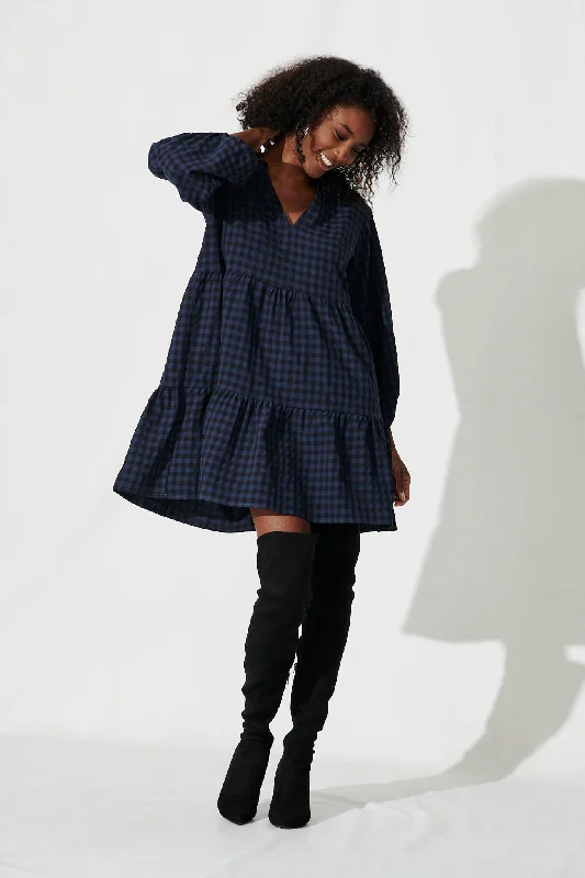 Ciaran Smock Dress In Navy And Black Gingham