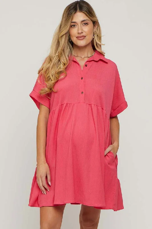 coral-collared-button-front-short-sleeve-maternity-dress