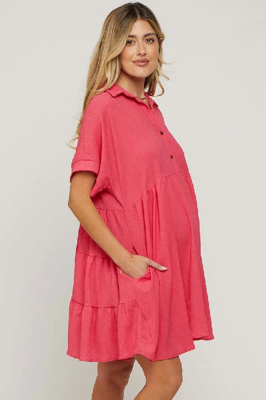 coral-collared-button-front-short-sleeve-maternity-dress