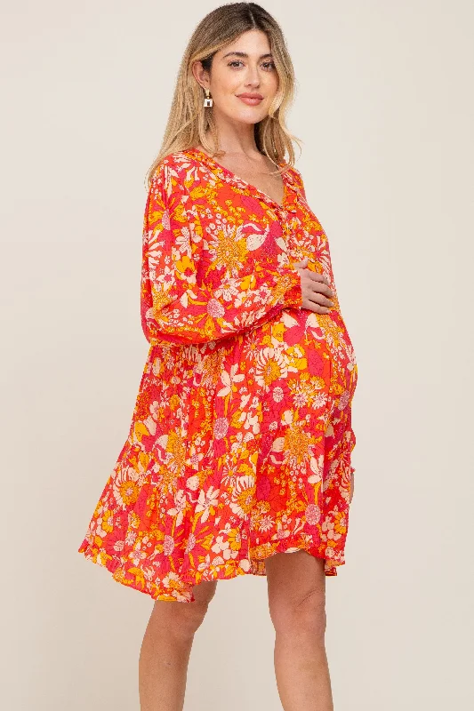 coral-floral-button-front-ruffle-accent-maternity-dress