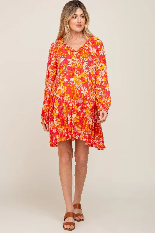 coral-floral-button-front-ruffle-accent-maternity-dress