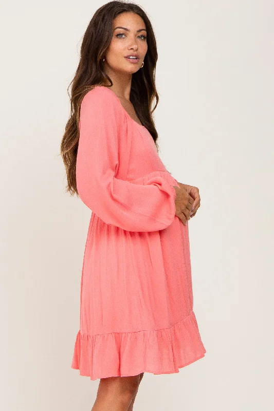 coral-square-neck-puff-long-sleeve-maternity-dress